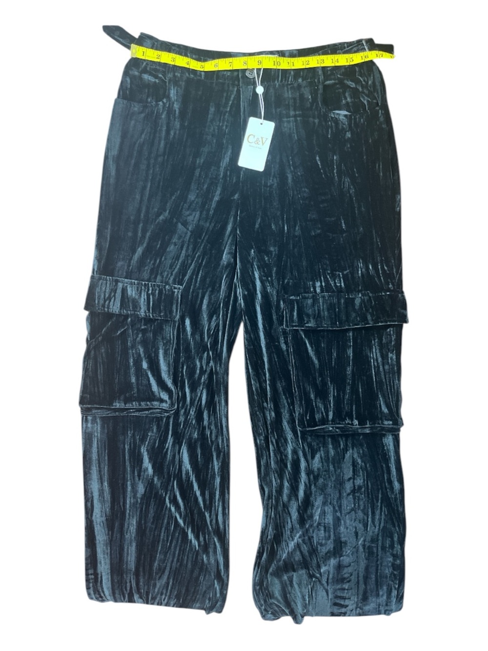 NWT C&V Cloth & Vine Black Crushed Velvet Wide Leg Cargo Pants Size M - Picture 5 of 5